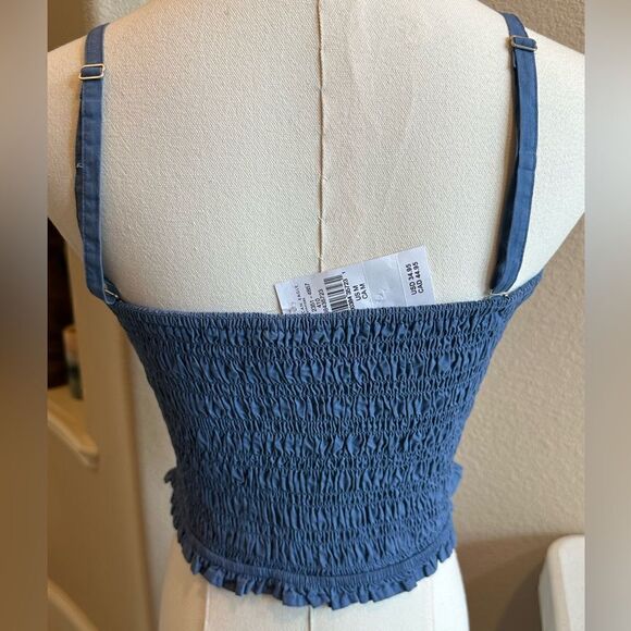 American Eagle Women Size Medium Blue Smocked Lace Up Adjustable Strap Crop Top - Picture 7 of 13